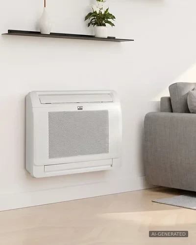 Familie entspannt auf dem Sofa neben einer weißen Remko Wandtruhe im Wohnzimmer – AI-GENERATED