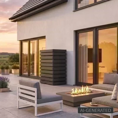 Wärmepumpen: Bereit für die Heizung der Zukunft? Moderne Terrasse mit Feuerstelle und schwarzer Schallschutzhaube von Remko an einem modernen Haus