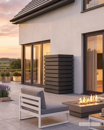Wärmepumpen: Bereit für die Heizung der Zukunft? Moderne Terrasse mit Feuerstelle und schwarzer Schallschutzhaube von Remko an einem modernen Haus – AI-GENERATED