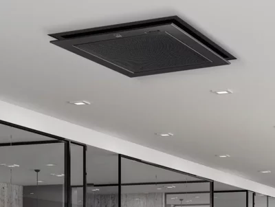 Deckenkassette im Büro Schwarze Deckenkassette hängt an weißer Bürodecke