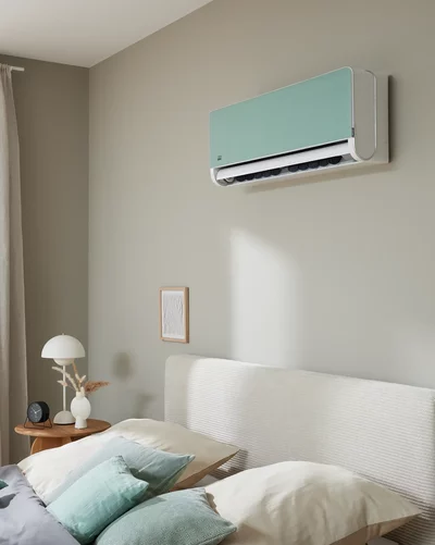 Remko air conditioning unit mounted on the wall in a bright bedroom